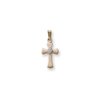 Elegant Small Diamond Cross for Girls - 14K Yellow Gold Diamond Cross Pendant - 15" Chain Included - BEST SELLER