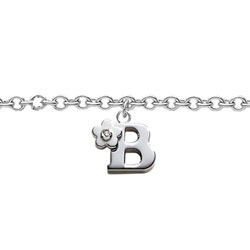 Girls Initial B - Sterling Silver Girls Initial Bracelet - Includes one Genuine Diamond Accented Initial B Charm - Add an optional engravable charm to personalize/