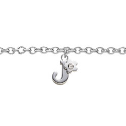 Girls Initial J - Sterling Silver Girls Initial Bracelet - Includes one Genuine Diamond Accented Initial J Charm - Add an optional engravable charm to personalize/