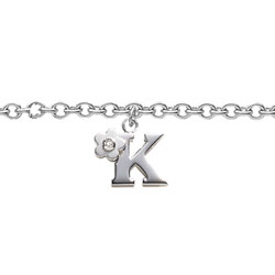 Girls Initial K - Sterling Silver Girls Initial Bracelet - Includes one Genuine Diamond Accented Initial K Charm - Add an optional engravable charm to personalize/