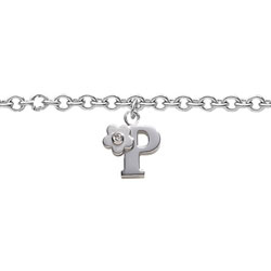 Girls Initial P - Sterling Silver Girls Initial Bracelet - Includes one Genuine Diamond Accented Initial P Charm - Add an optional engravable charm to personalize/