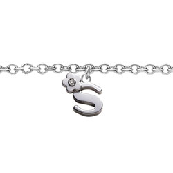 Girls Initial S - Sterling Silver Girls Initial Bracelet - Includes one Genuine Diamond Accented Initial S Charm - Add an optional engravable charm to personalize/