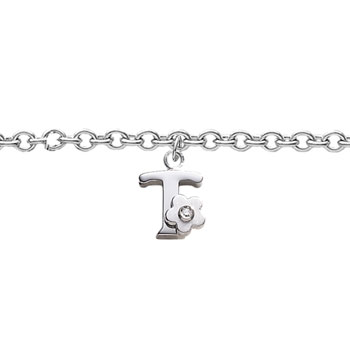 Girls Initial T - Sterling Silver Girls Initial Bracelet - Includes one Genuine Diamond Accented Initial T Charm - Add an optional engravable charm to personalize