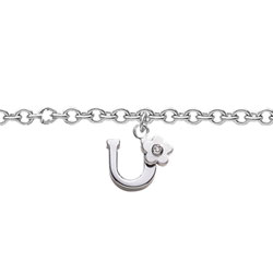 Girls Initial U - Sterling Silver Girls Initial Bracelet - Includes one Genuine Diamond Accented Initial U Charm - Add an optional engravable charm to personalize/