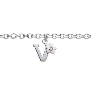 Girls Initial V - Sterling Silver Girls Initial Bracelet - Includes one Genuine Diamond Accented Initial V Charm - Add an optional engravable charm to personalize