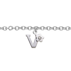 Girls Initial V - Sterling Silver Girls Initial Bracelet - Includes one Genuine Diamond Accented Initial V Charm - Add an optional engravable charm to personalize/