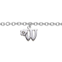 Girls Initial W - Sterling Silver Girls Initial Bracelet - Includes one Genuine Diamond Accented Initial W Charm - Add an optional engravable charm to personalize/