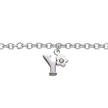 Girls Initial Y - Sterling Silver Girls Initial Bracelet - Includes one Genuine Diamond Accented Initial Y Charm - Add an optional engravable charm to personalize