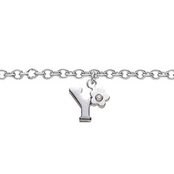 Girls Initial Y - Sterling Silver Girls Initial Bracelet - Includes one Genuine Diamond Accented Initial Y Charm - Add an optional engravable charm to personalize/