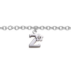 Girls Initial Z - Sterling Silver Girls Initial Bracelet - Includes one Genuine Diamond Accented Initial Z Charm - Add an optional engravable charm to personalize/