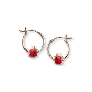 Gold Hoop Red Ladybug Earrings for Girls - 14k Yellow Gold Hoop Earrings for Girls - Ages 6 and up
