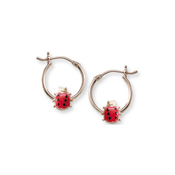 Gold Hoop Red Ladybug Earrings for Girls - 14k Yellow Gold Hoop Earrings for Girls - Ages 6 and up/