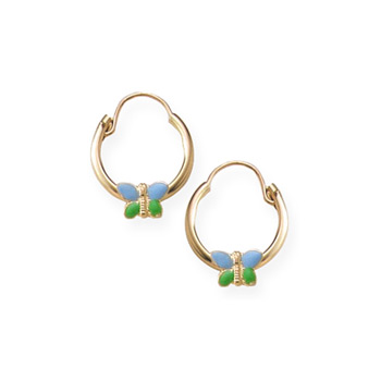 Gold Hoop Blue and Green Enameled Butterfly Earrings for Girls - 14K Yellow Gold Hoop Earrings for Girls - (6 - 12 years)