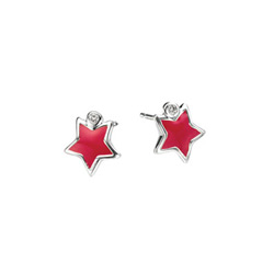 Adorable Red Star Diamond Earrings for Girls - High Polished Sterling Silver Enameled Star with Genuine Diamond - Push-Back Posts/