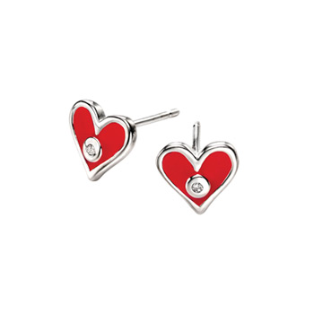 Adorable Tiny Red Heart Diamond Earrings for Girls - High Polished Sterling Silver Enameled Heart with Genuine Diamond - Push-Back Posts