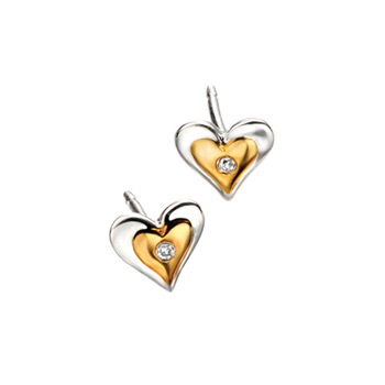 Adorable Heart Diamond Earrings for Girls - High Polished Sterling Silver Gold Plated Heart with Genuine Diamond - Push-Back Posts