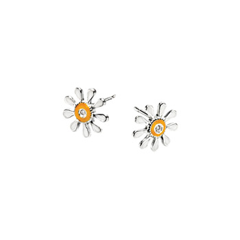 Adorable Tiny Yellow Daisy Diamond Earrings for Girls - High Polished Sterling Silver Enameled Flower with Genuine Diamond - Push-Back Posts