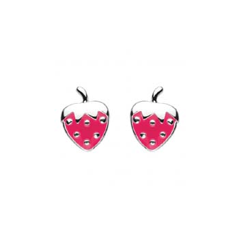 Adorable Little Girls Strawberry Earrings - Enameled Sterling Silver Rhodium Girls Earrings - Push-Back Posts - BEST SELLER