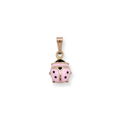 Little Girls Pink Ladybug Necklace - 14K Yellow Gold - 15