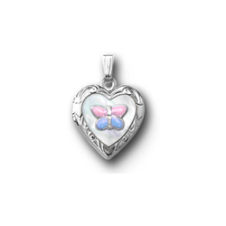 Pink and Blue Butterfly Mother of Pearl Locket Necklace for Girls - Sterling Silver Rhodium - Engravable on back - 15