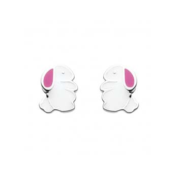 Adorable Little Girls Bunny Rabbit Earrings - Enameled Sterling Silver Rhodium Girls Earrings - Push-Back Posts