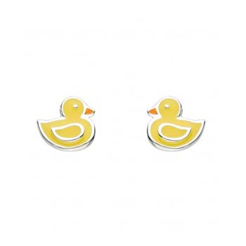 Adorable Little Girls Duck Earrings - Enameled Sterling Silver Rhodium Girls Earrings - Push-Back Posts