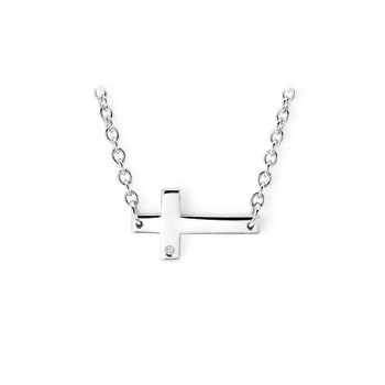 Sideways Cross Necklace with Melee Diamond - Sterling Silver Rhodium - Chain adjustable at 16" and 18"