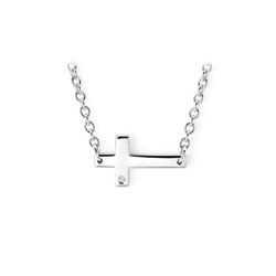 Sideways Cross Necklace with Melee Diamond - Sterling Silver Rhodium - Chain adjustable at 16