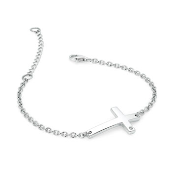 Sideways Cross Bracelet with Melee Diamond - Sterling Silver Rhodium - Adjustable at 6.5" and 8.0" - BEST SELLER