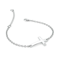 Sideways Cross Bracelet with Melee Diamond - Sterling Silver Rhodium - Adjustable at 6.5