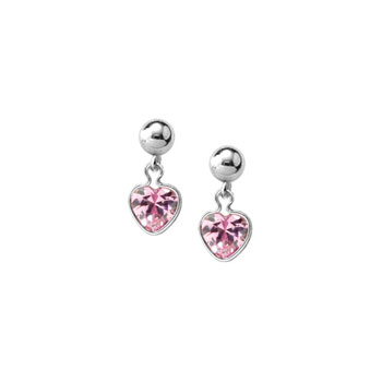 September Pink Sapphire Cubic Zirconia (CZ) Heart Ball Drop Earrings for Girls - Sterling Silver Rhodium Screw Back Earrings for Baby, Toddler, Child