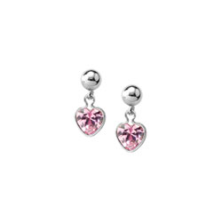 September Pink Sapphire Cubic Zirconia (CZ) Heart Ball Drop Earrings for Girls - Sterling Silver Rhodium Screw Back Earrings for Baby, Toddler, Child/
