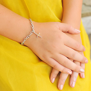 Girl's Heart Cross First Communion Bracelet - Includes one Genuine Diamond and 14K Yellow Gold Accented Cross Charm - Add an optional engravable charm to personalize