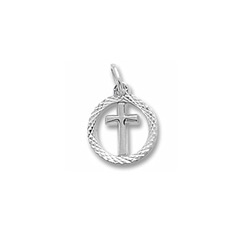 Rembrandt 14K White Gold Tiny Cross Charm with Diamond-Cut with Round Border – Add to a bracelet or necklace/