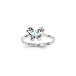Girls Birthstone Butterfly Ring - Genuine Aquamarine Birthstone - Sterling Silver Rhodium - Size 5/