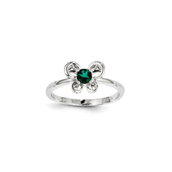 Girls Birthstone Butterfly Ring - Created Emerald Birthstone - Sterling Silver Rhodium - Size 5/