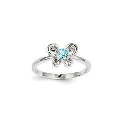 Girls Birthstone Butterfly Ring - Genuine Light Swiss Blue Topaz Birthstone - Sterling Silver Rhodium - Size 5/