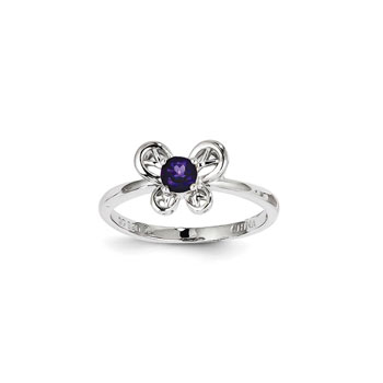 Girls Birthstone Butterfly Ring - Genuine Amethyst Birthstone - Sterling Silver Rhodium - Size 6