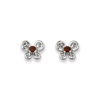Girls Birthstone Butterfly Earrings - Genuine Garnet Birthstone - Sterling Silver Rhodium - Push-back posts