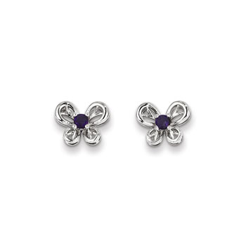 Girls Birthstone Butterfly Earrings - Genuine Amethyst Birthstone - Sterling Silver Rhodium - Push-back posts - BEST SELLER