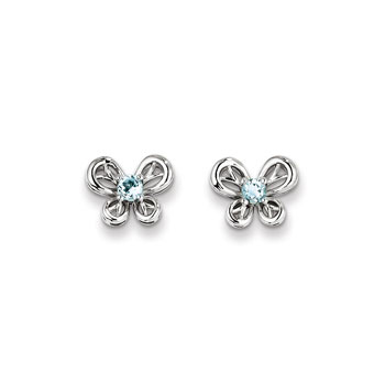 Girls Birthstone Butterfly Earrings - Genuine Aquamarine Birthstone - Sterling Silver Rhodium - Push-back posts