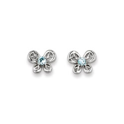 Girls Birthstone Butterfly Earrings - Genuine Aquamarine Birthstone - Sterling Silver Rhodium - Push-back posts/