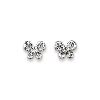 Girls Birthstone Butterfly Earrings - Genuine White Topaz Birthstone - Sterling Silver Rhodium - Push-back posts