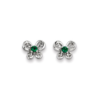 Girls Birthstone Butterfly Earrings - Created Emerald Birthstone - Sterling Silver Rhodium - Push-back posts - BEST SELLER