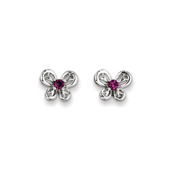 Girls Birthstone Butterfly Earrings - Created Ruby Birthstone - Sterling Silver Rhodium - Push-back posts