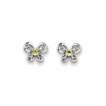 Girls Birthstone Butterfly Earrings - Genuine Peridot Birthstone - Sterling Silver Rhodium - Push-back posts