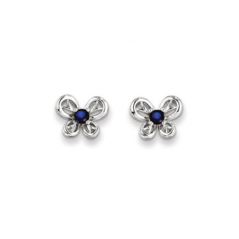 Girls Birthstone Butterfly Earrings - Created Blue Sapphire Birthstone - Sterling Silver Rhodium - Push-back posts