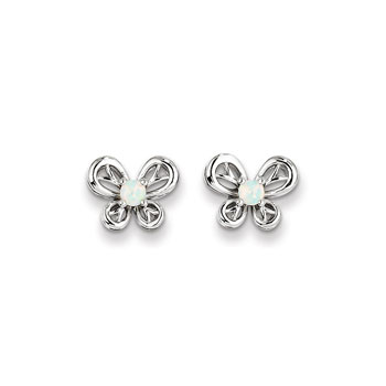 Girls Birthstone Butterfly Earrings - Created Opal Birthstone - Sterling Silver Rhodium - Push-back posts