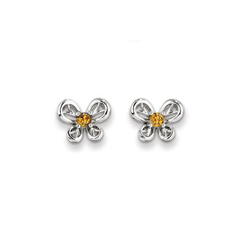 Girls Birthstone Butterfly Earrings - Genuine Citrine Birthstone - Sterling Silver Rhodium - Push-back posts