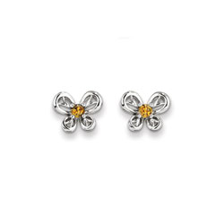 Girls Birthstone Butterfly Earrings - Genuine Citrine Birthstone - Sterling Silver Rhodium - Push-back posts/